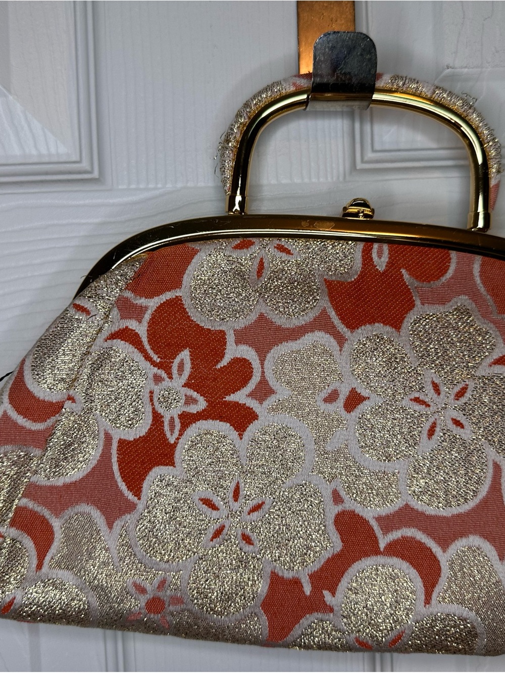 Banana Republic Orange and Gold Floral Jacquard Frame Clutch